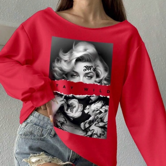 Stay Wild Red Off-Shoulder Sweater - Picture 4 of 5